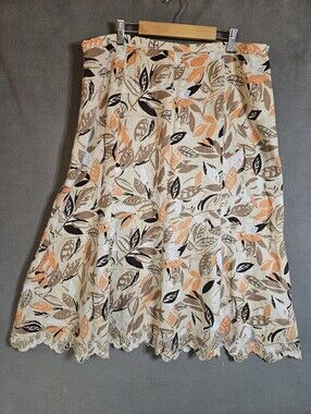 A Collection Womens 18 Midi Skirt 100% Linen Lagenlook Fall Leaves Scallop Hem